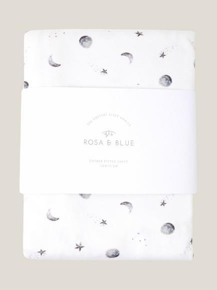 Rosa & Blue Baby Bamboo and Cotton Moon Print Cotbed Fitted Sheet, White, White