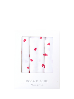 Rosa & Blue Baby Bamboo and Cotton Heart Print Muslin, Pack of 3, White, White