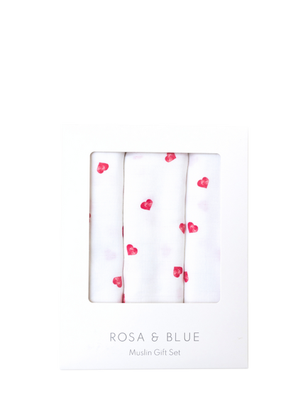 Rosa & Blue Baby Bamboo and Cotton Heart Print Muslin, Pack of 3, White, White