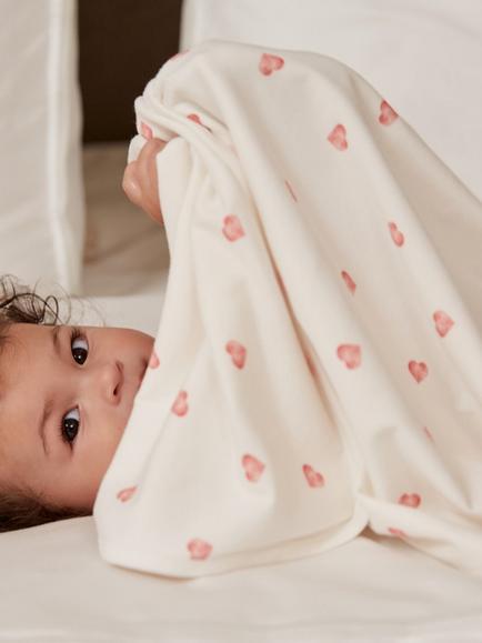 Rosa & Blue Baby Bamboo and Cotton Heart Print Blanket, White - view 2, White