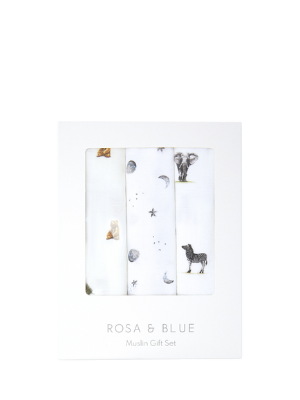 Rosa & Blue Baby Bamboo Cotton Blend Muslin Squares, Pack of 3, White, White