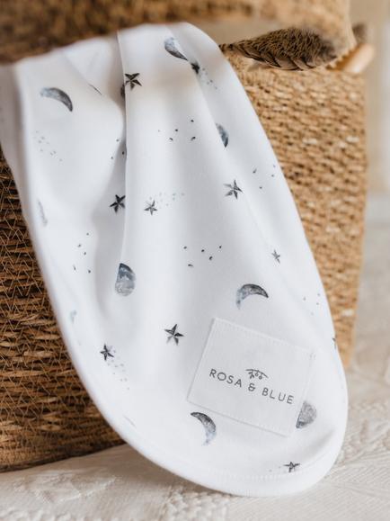 Rosa & Blue Baby Bamboo and Cotton Moon Print Blanket, White - view 2, White