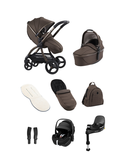 egg3 Pushchair, Carrycot & Accessories with Maxi-Cosi Pebble 360 Pro2 Car Seat and Base Luxury Bundle, Chocolate Velvet, Chocolate Velvet