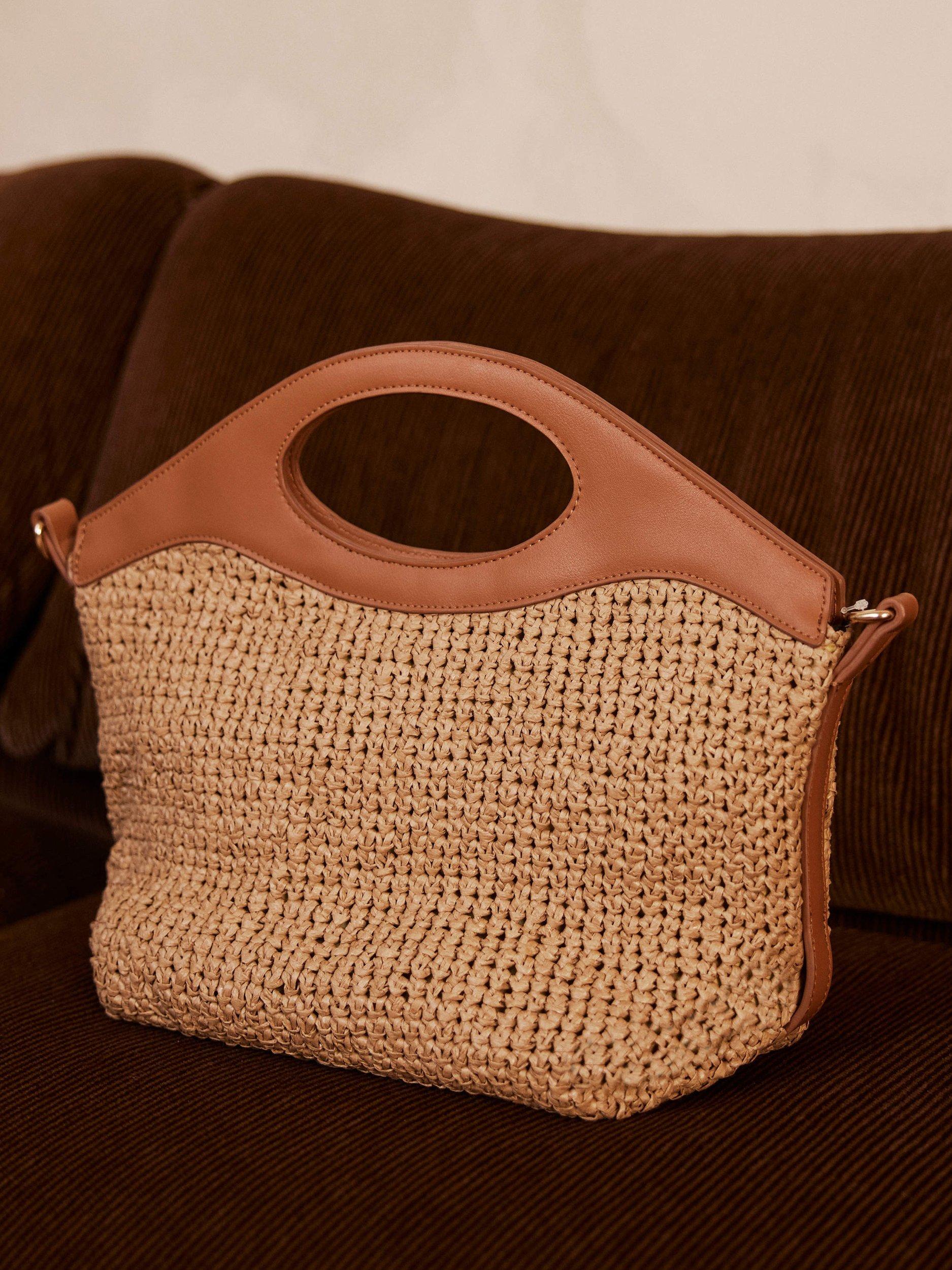 Product image 2 of 6, which shows Mint Velvet Sarah Woven Paper Cross Body Bag, Natural/Tan