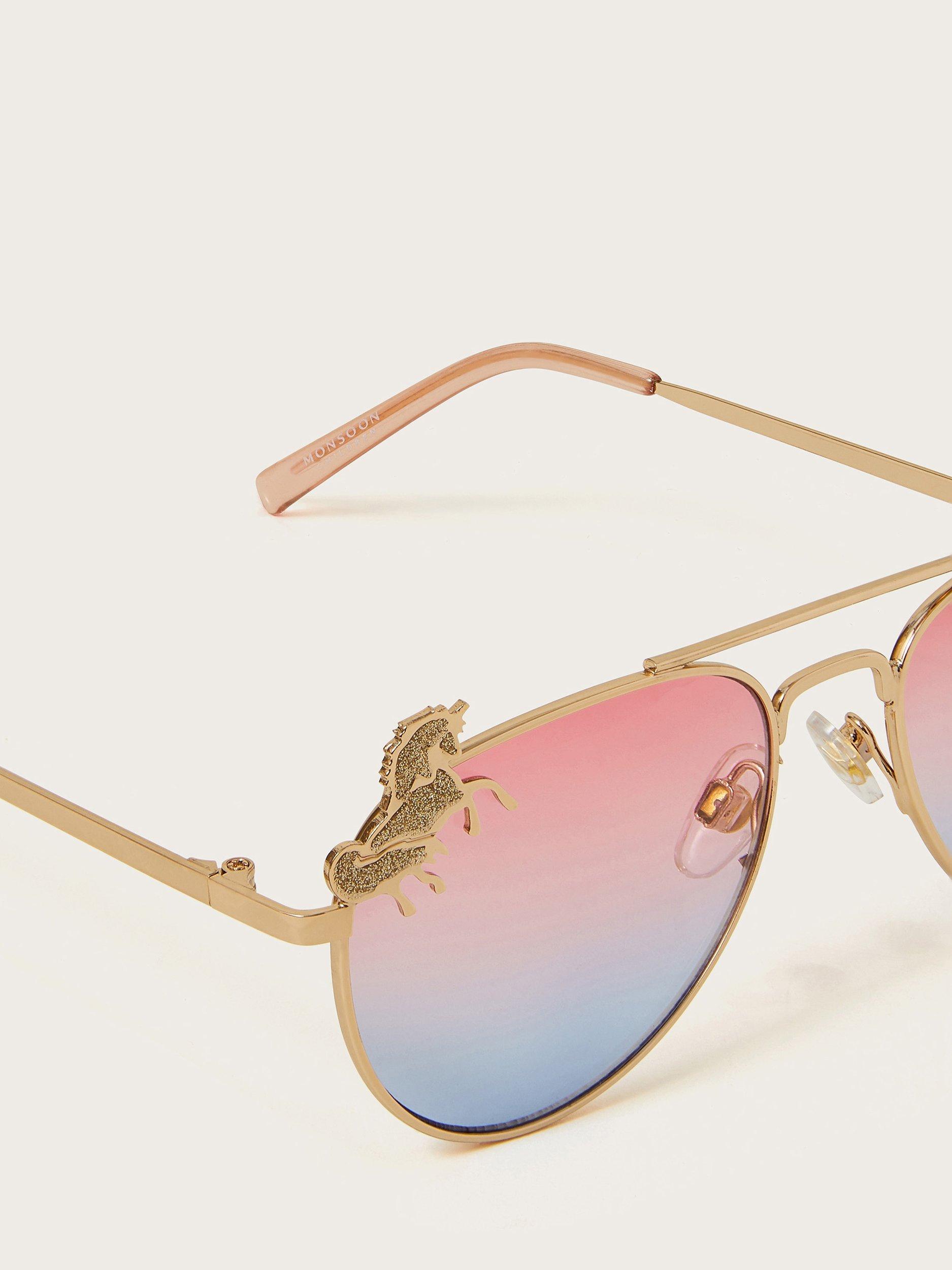 Product image 2 of 2, which shows Monsoon Kids' Unicorn Aviator Sunglasses, Gold/Pink