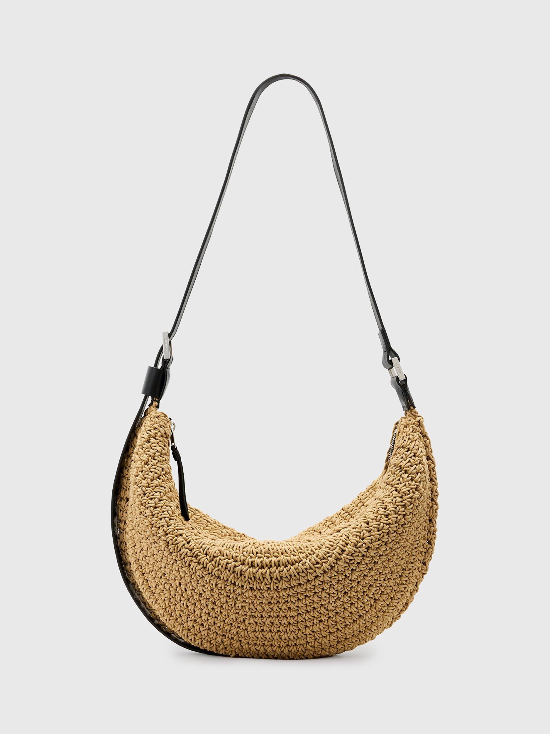 AllSaints Half Moon Knot Straw Shoulder Bag, Natural