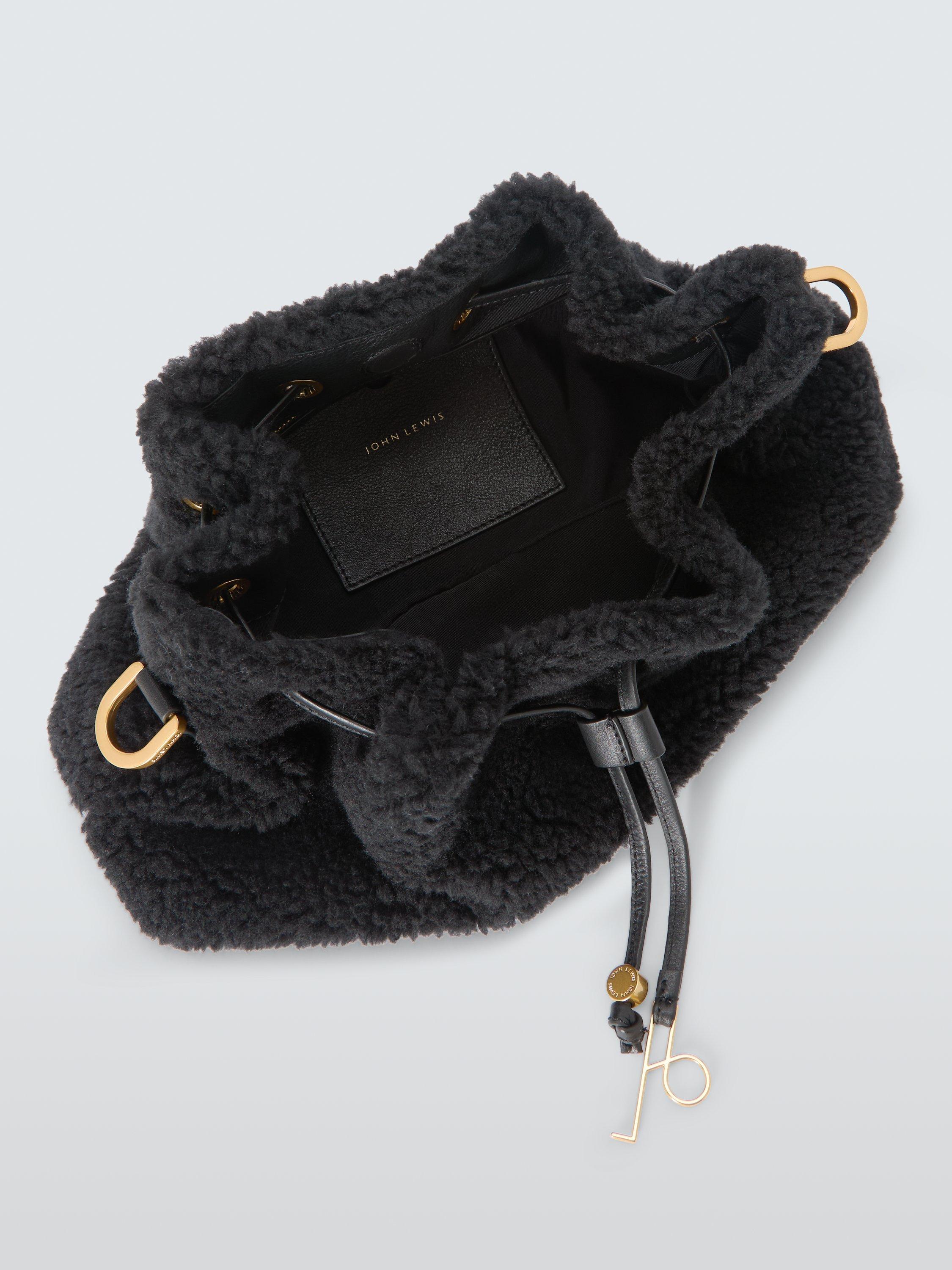 Product image 4 of 6, which shows John Lewis Faux Fur Medium Drawstring Shoulder Bag, Black