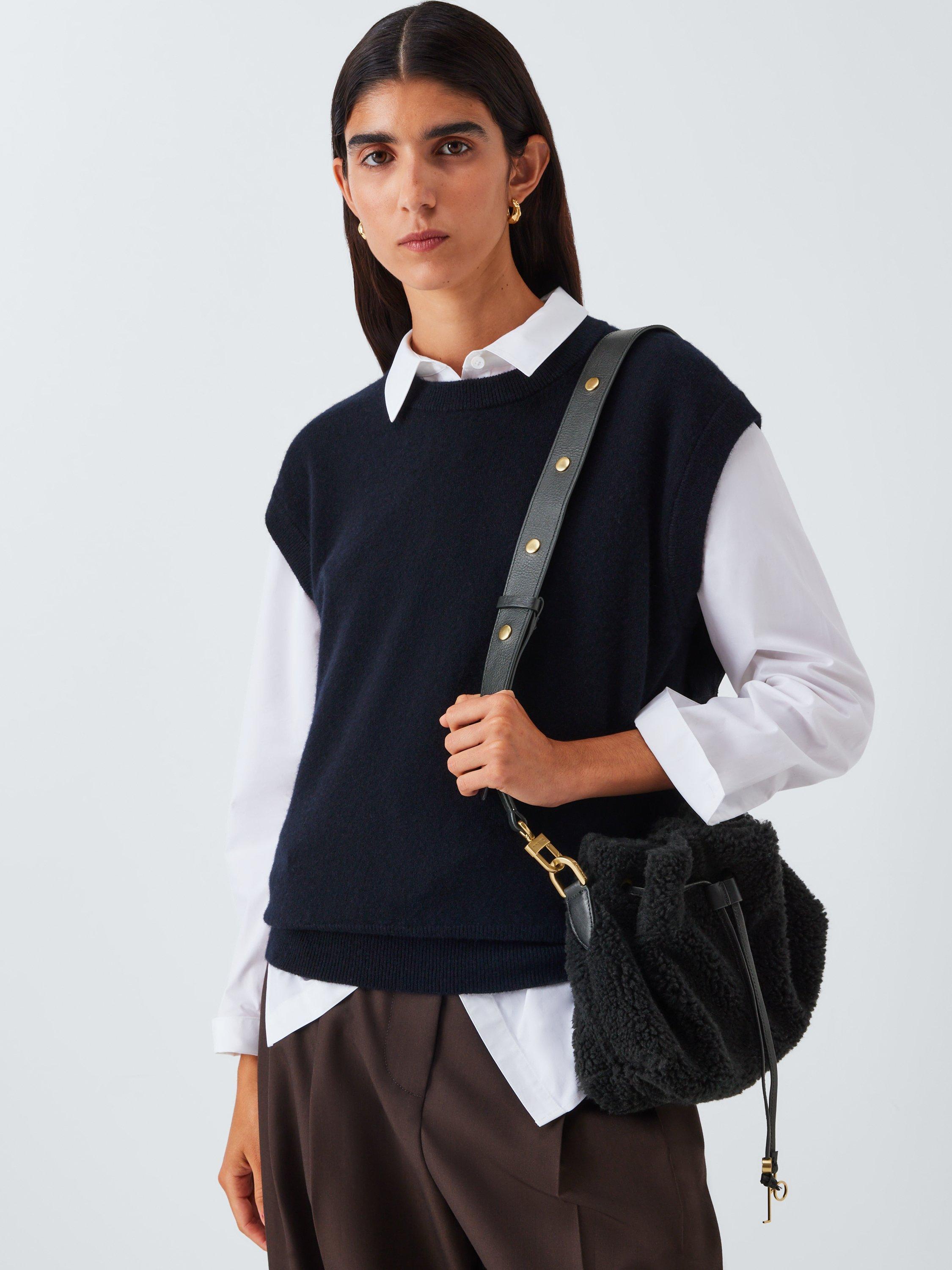 Product image 2 of 6, which shows John Lewis Faux Fur Medium Drawstring Shoulder Bag, Black