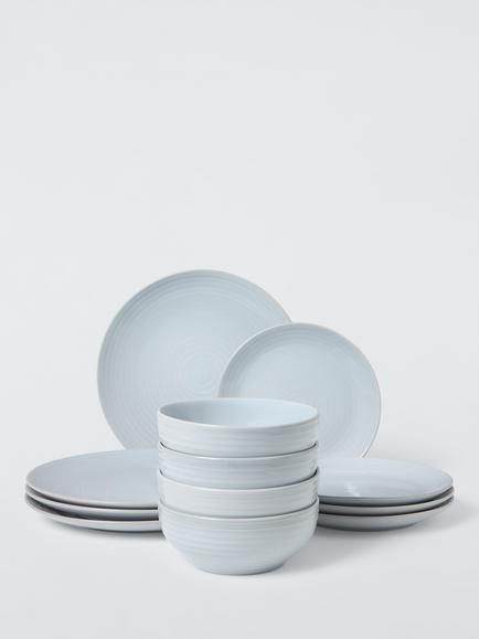 John Lewis Ripple Stoneware Dinnerware Set, 12 Piece, Ice Blue, Ice Blue