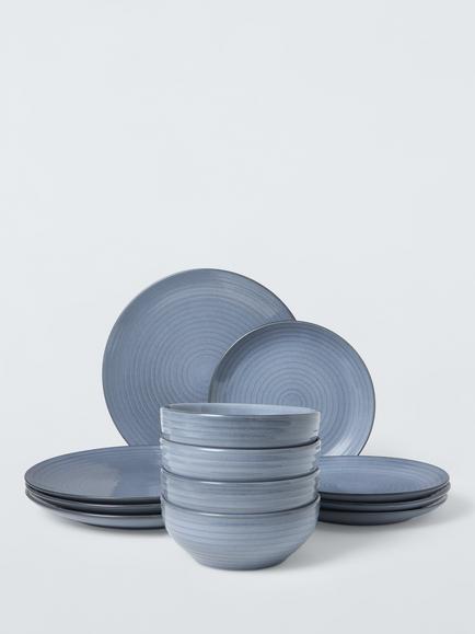 John Lewis Ripple Stoneware Dinnerware Set, 12 Piece, Salt Grey, Salt Grey