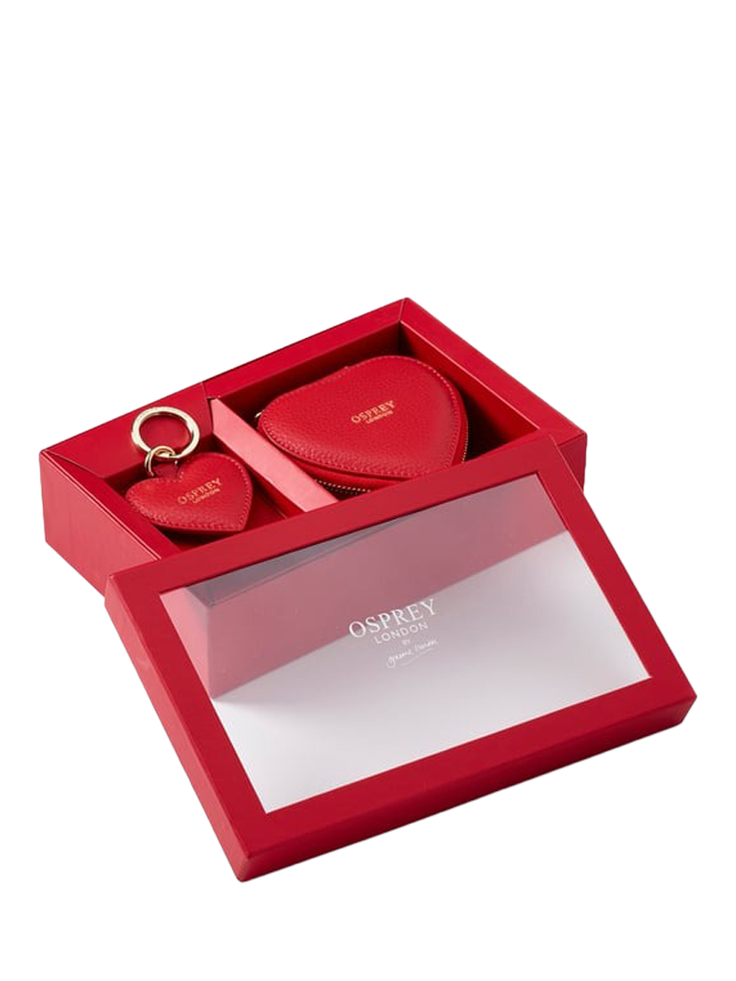 Product image 1 of 4, which shows OSPREY LONDON Tilly Heart Leather Keyring & Trinket Box Gift Set, Light Red