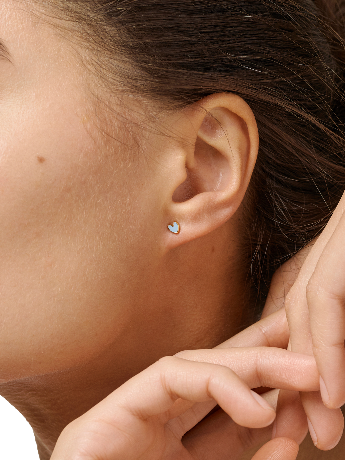 Product image 2 of 3, which shows ENAMEL Copenhagen Amore Enamel Heart Stud Earrings, Steel Blue/Gold
