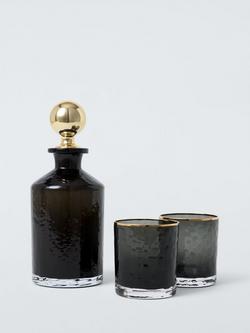 John Lewis Glass 1L Decanter & 2 Double Old Fashioned 375ml Tumblers Gift Set, Black/Gold, Black