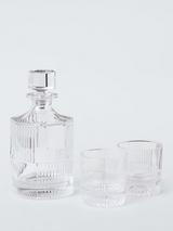 John Lewis Ribbed Cut Glass 1L Decanter & 2 Double Old Fashioned 260ml Tumblers Gift Set, Clear