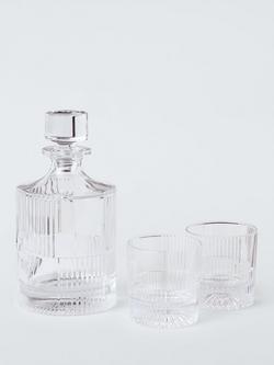John Lewis Ribbed Cut Glass 1L Decanter & 2 Double Old Fashioned 260ml Tumblers Gift Set, Clear, Clear