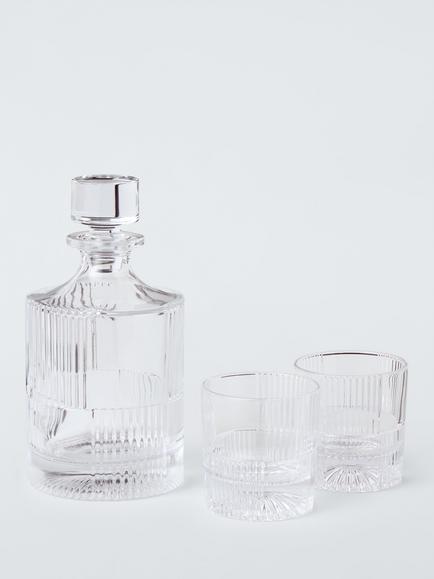 John Lewis Ribbed Cut Glass 1L Decanter & 2 Double Old Fashioned 260ml Tumblers Gift Set, Clear, Clear