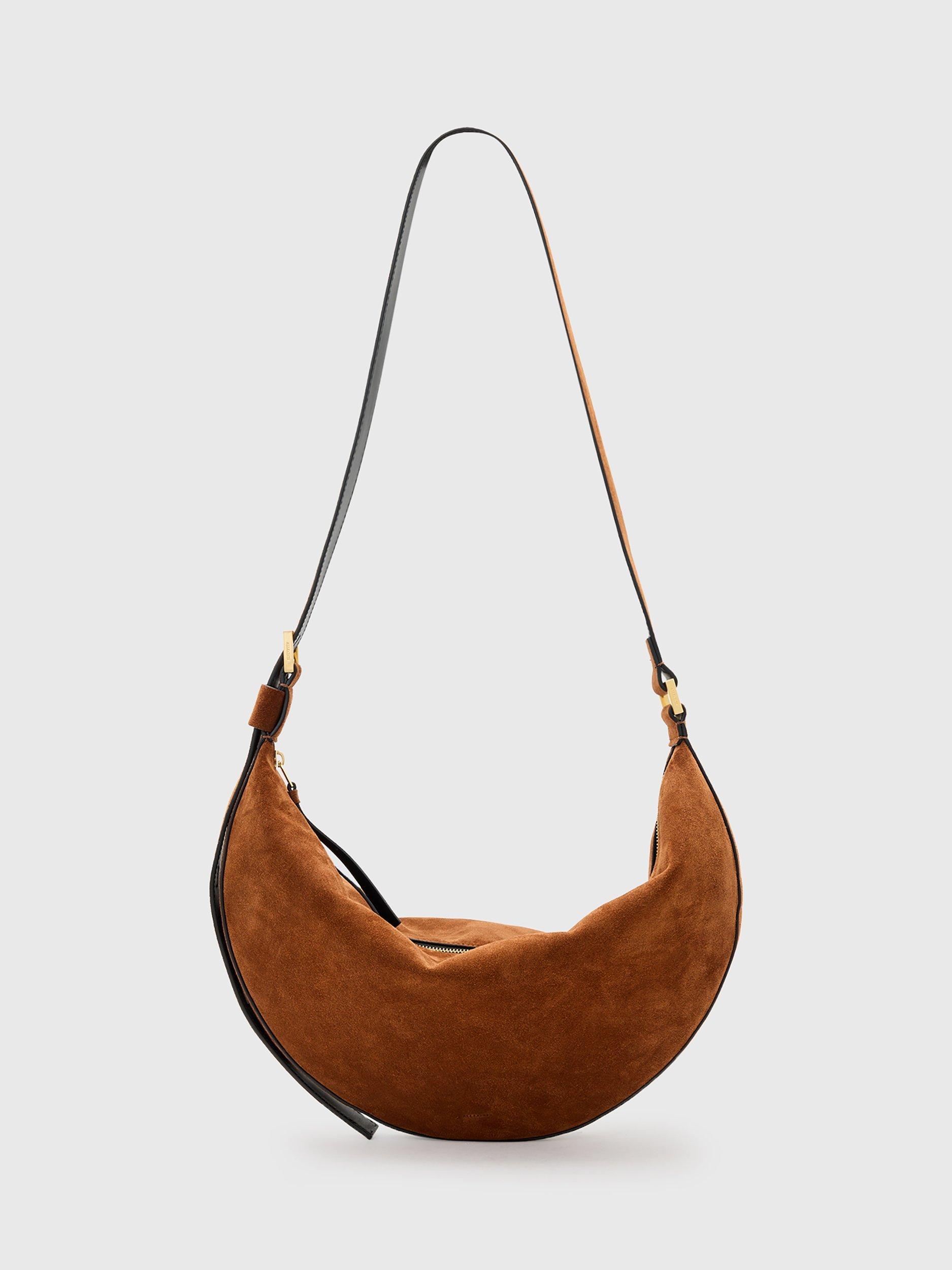 AllSaints Suede Half Moon Shoulder Bag, Cognac