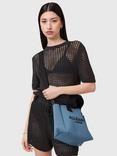 AllSaints Izzy Knitted Mini East West Tote Bag, Steel Blue