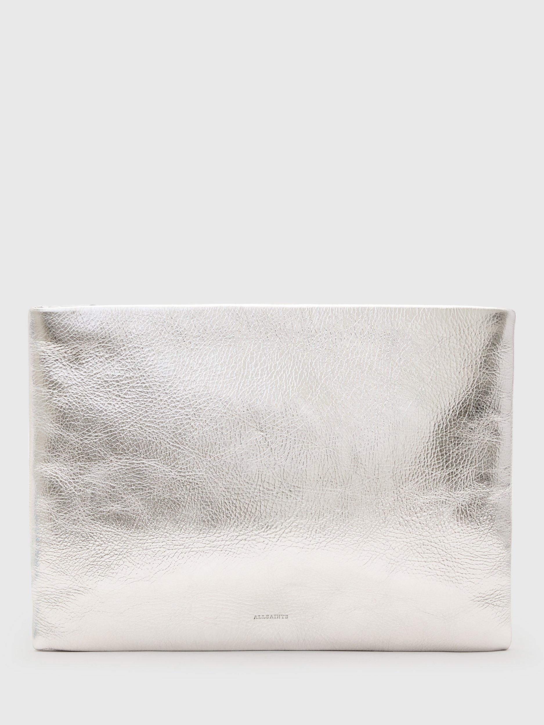Product image 1 of 7, which shows AllSaints Bettina Metallic Leather Clutch Bag, Silver