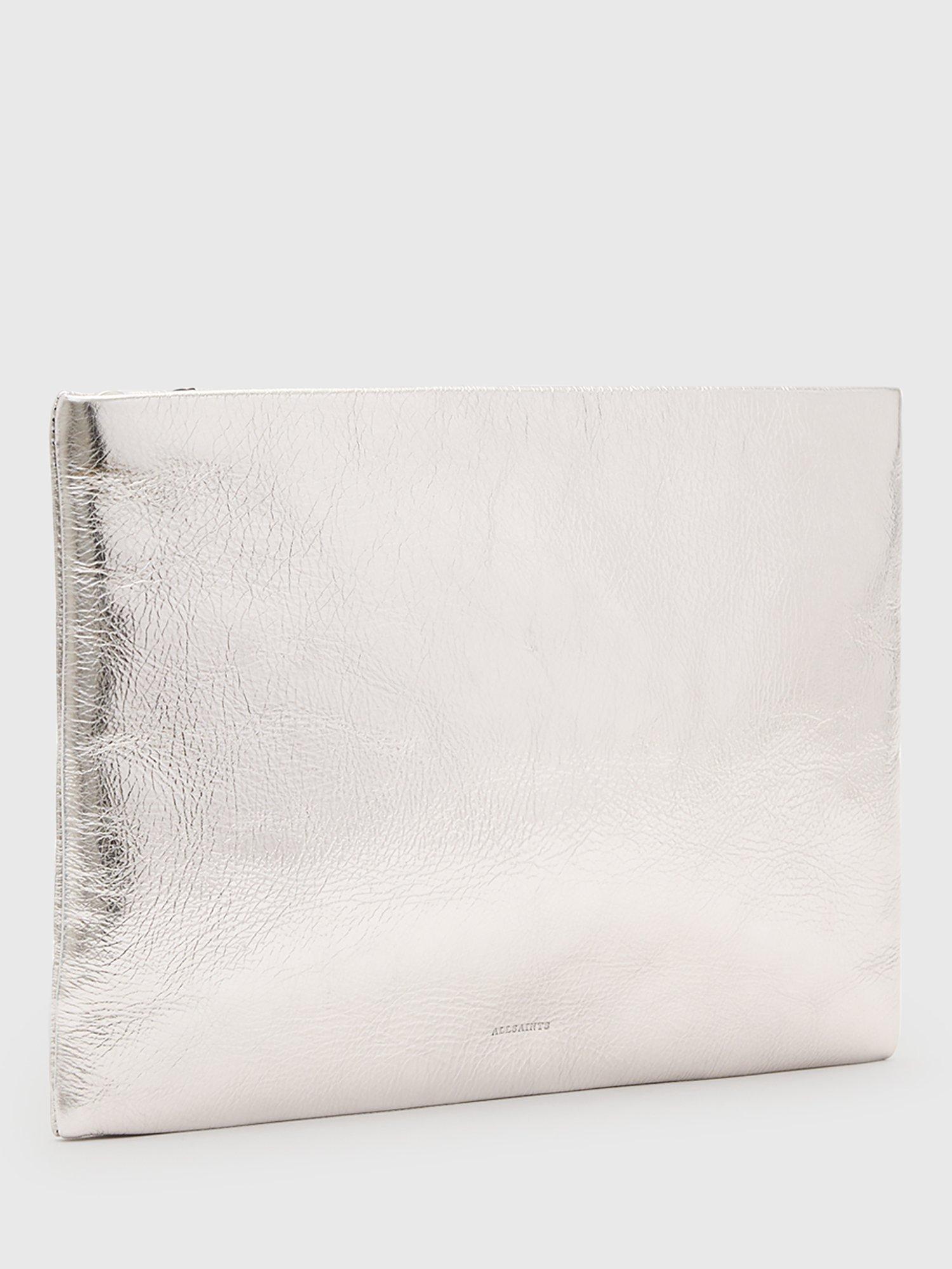 Product image 5 of 7, which shows AllSaints Bettina Metallic Leather Clutch Bag, Silver