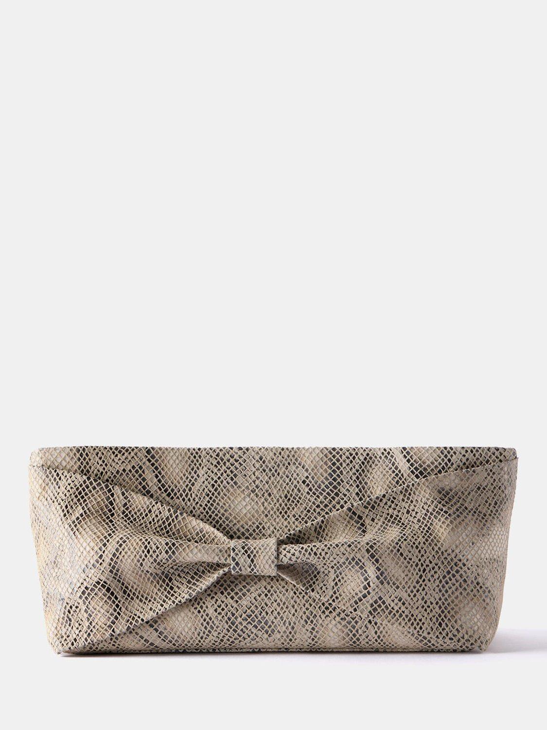 Product image 1 of 5, which shows Mint Velvet Snake Print Leather Clutch Bag, Cream