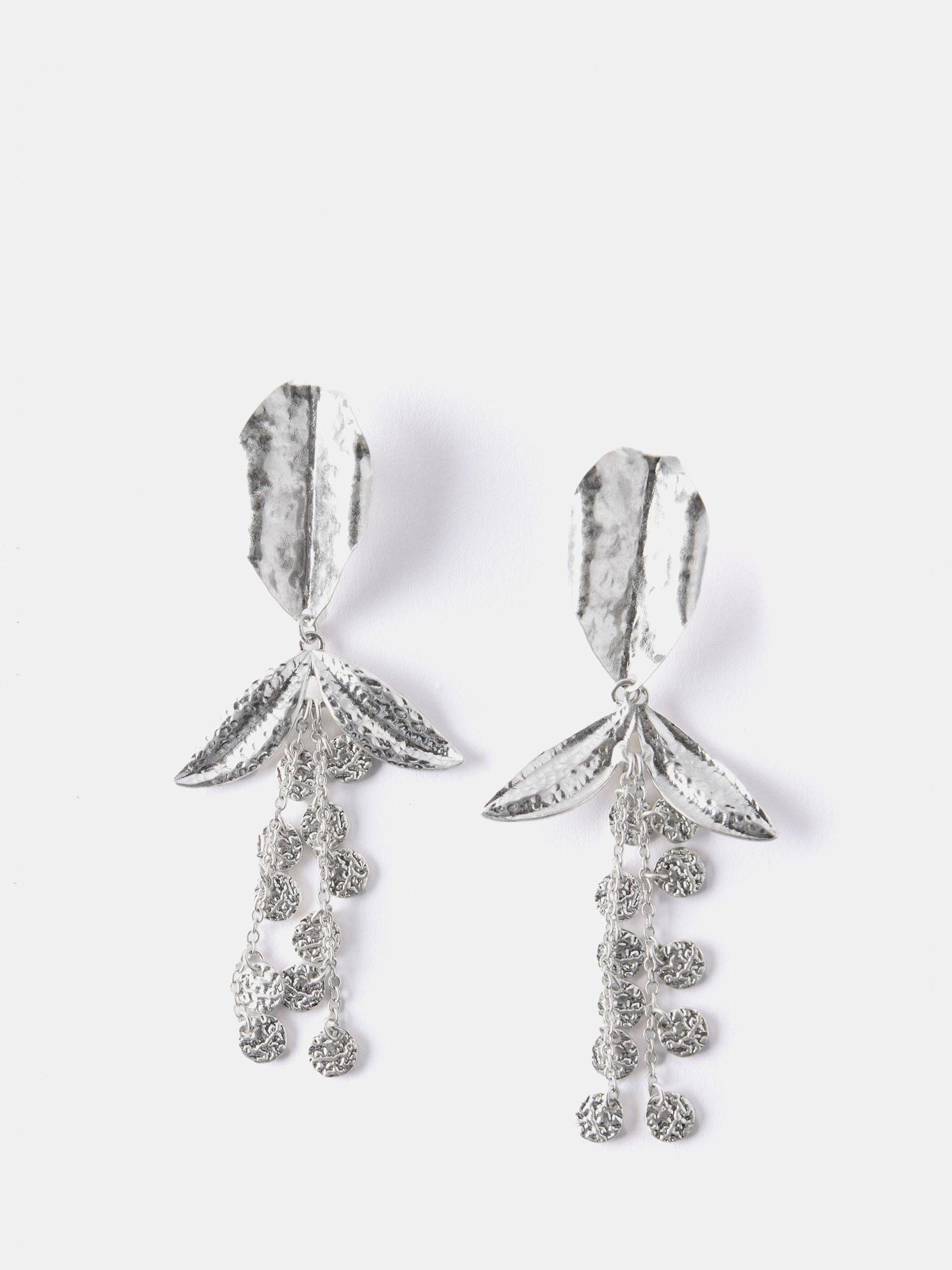 Product image 1 of 1, which shows Mint Velvet Statement Floral Drop Earrings, Silver Tone