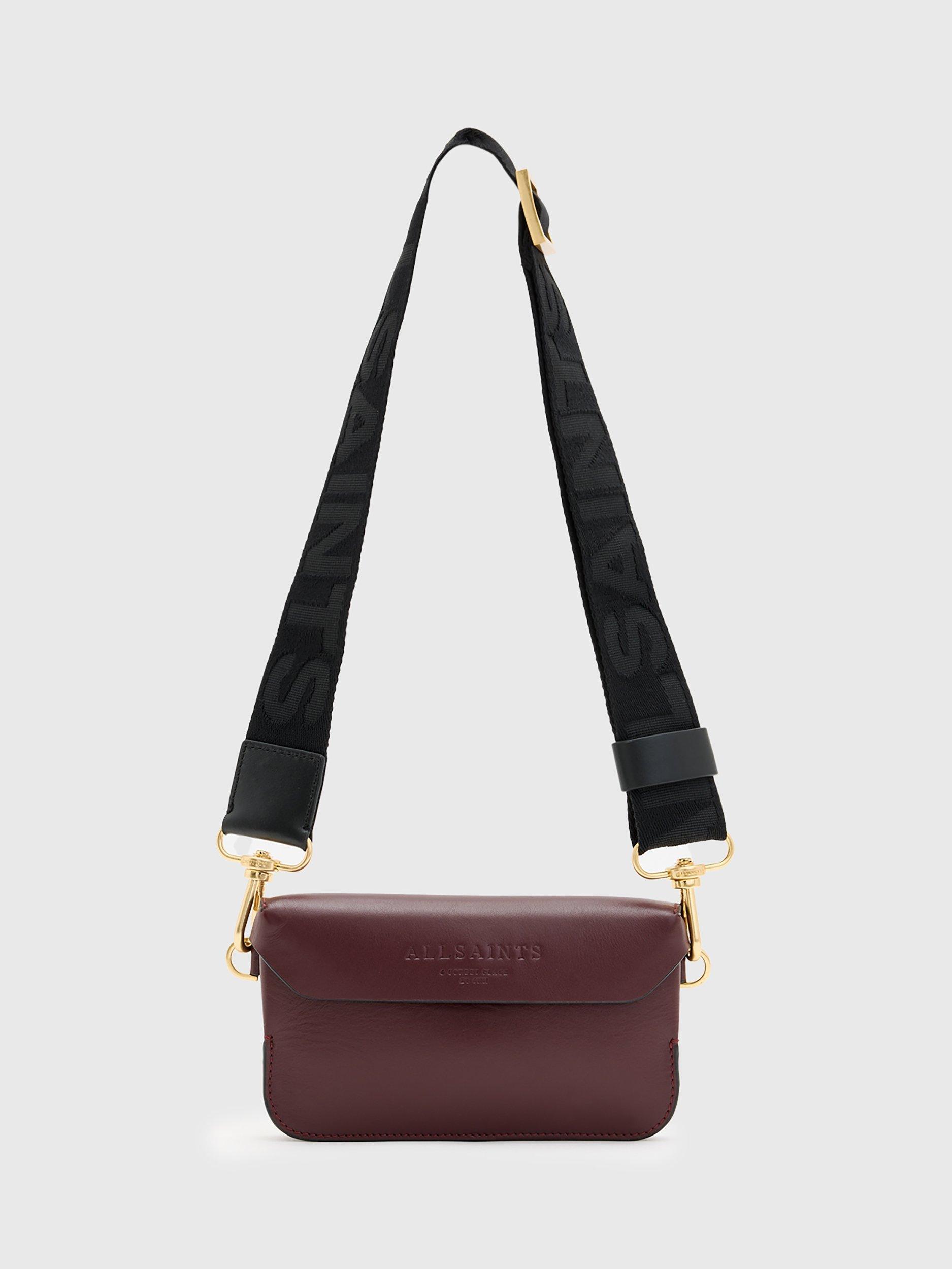 Product image 1 of 6, which shows AllSaints Zoe Leather Crossbody Purse, Burnt Red