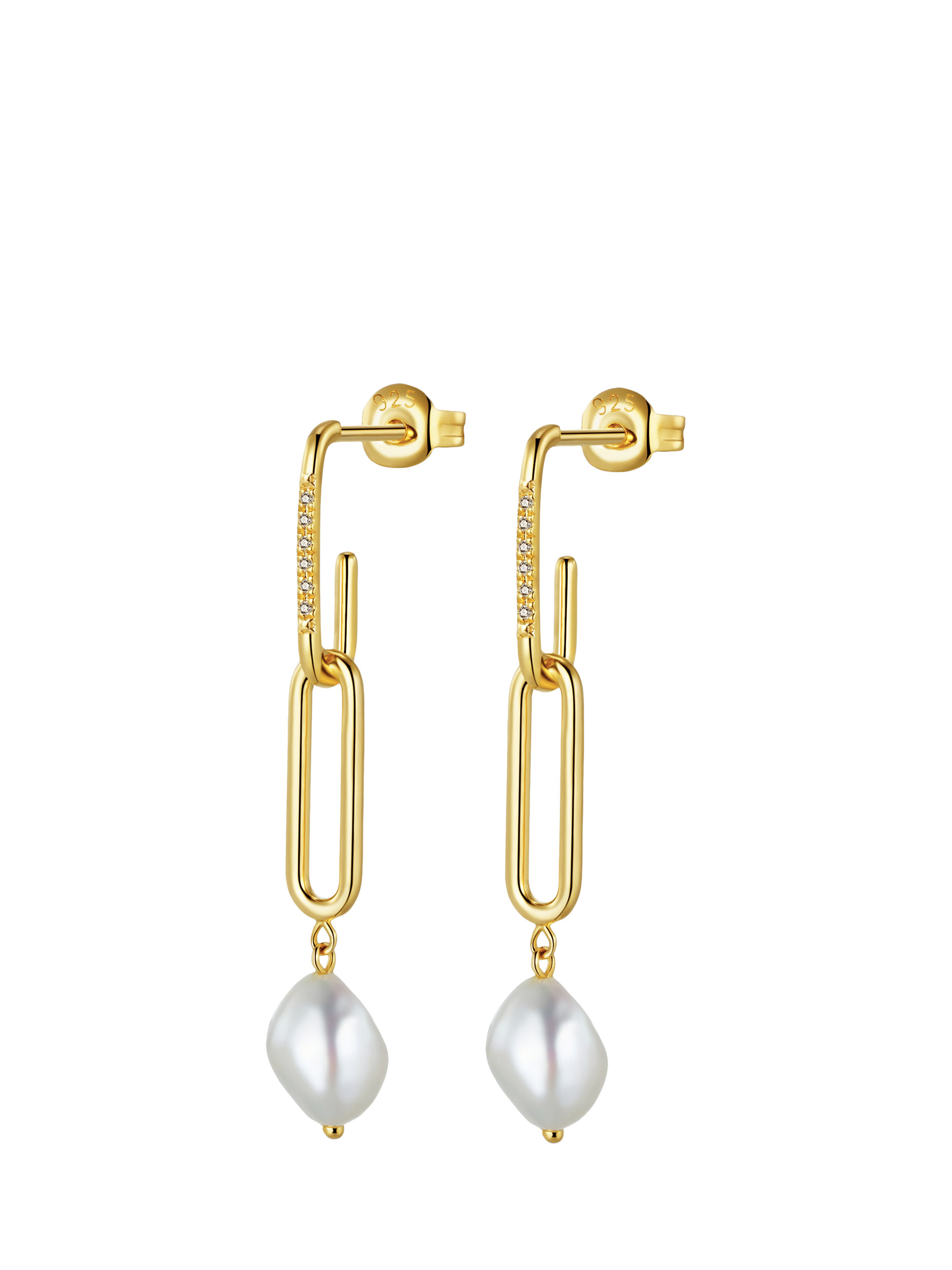 Product image 1 of 3, which shows DPT Pearl and Diamond Double Shackle Drop Earrings, Gold
