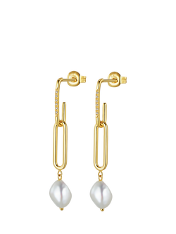 DPT Pearl and Diamond Double Shackle Drop Earrings, Gold, Yellow Gold Plated