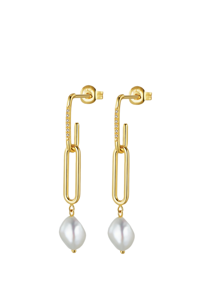DPT Pearl and Diamond Double Shackle Drop Earrings, Gold, Yellow Gold Plated