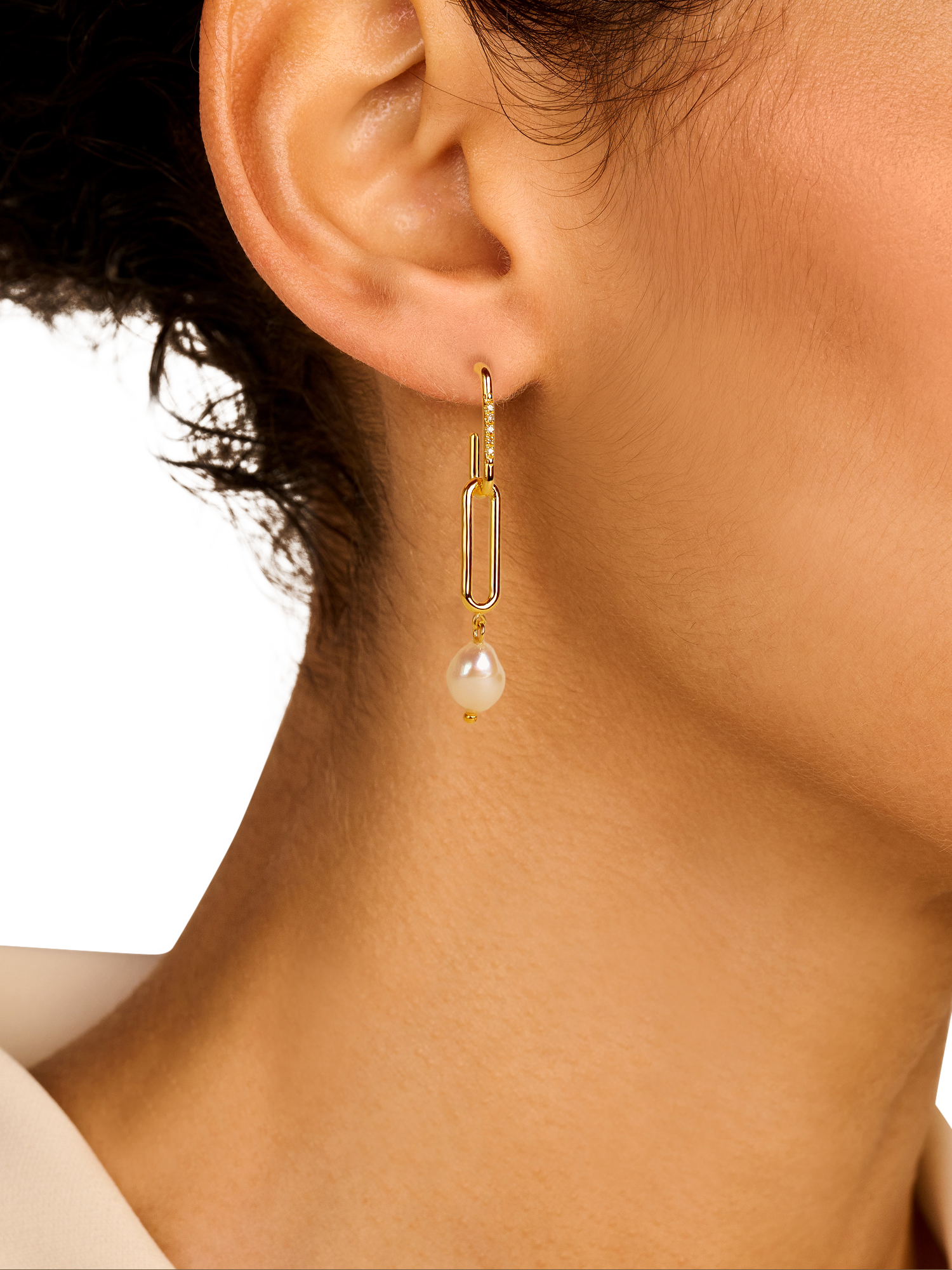 Product image 2 of 3, which shows DPT Pearl and Diamond Double Shackle Drop Earrings, Gold