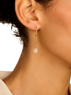 DPT Pearl and Diamond Double Shackle Drop Earrings, Gold - view 2, Yellow Gold Plated