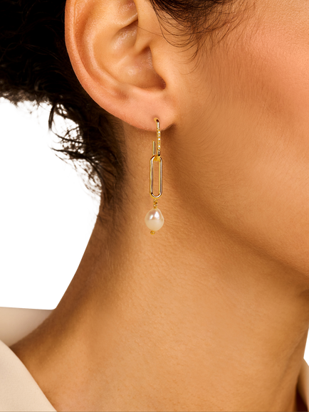 DPT Pearl and Diamond Double Shackle Drop Earrings, Gold - view 2, Yellow Gold Plated