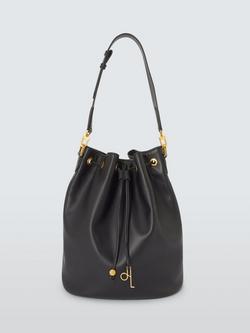 John Lewis Leather Oversized Drawstring Bag, Black, Black