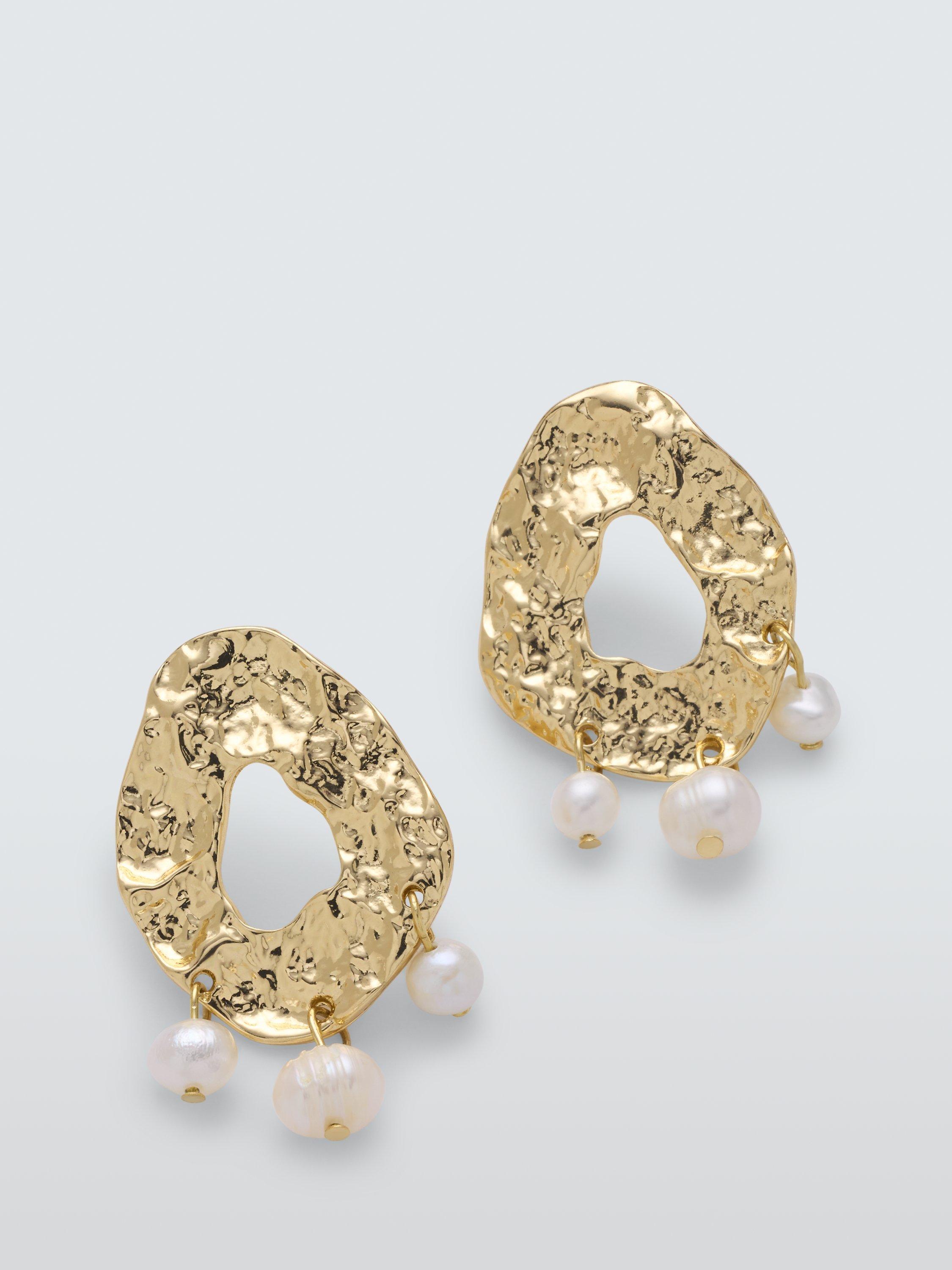 John Lewis Molten Hollow Earrings with Freshwater Pearl Drops, Gold