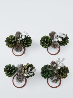 John Lewis Pinecone Foliage Napkin Rings, Set of 4, Green/Silver, Green