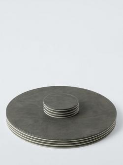 John Lewis Reversible Round Faux Leather Placemat & Coaster, Set of 4, Grey/Dark Grey - view 2, Grey/Green
