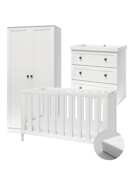 Silver Cross Bromley Cotbed, Mattress, Dresser and Wardrobe, White, White