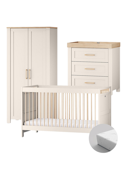 Silver Cross Seville Cotbed, Mattress, Dresser and Wardrobe, Cashmere/Oak, Oak