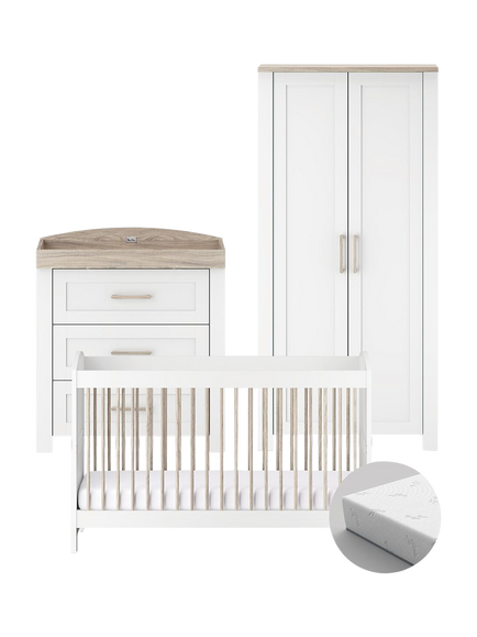 Silver Cross Valencia Cotbed, Mattress, Dresser and Wardrobe, Ash White, Ash White