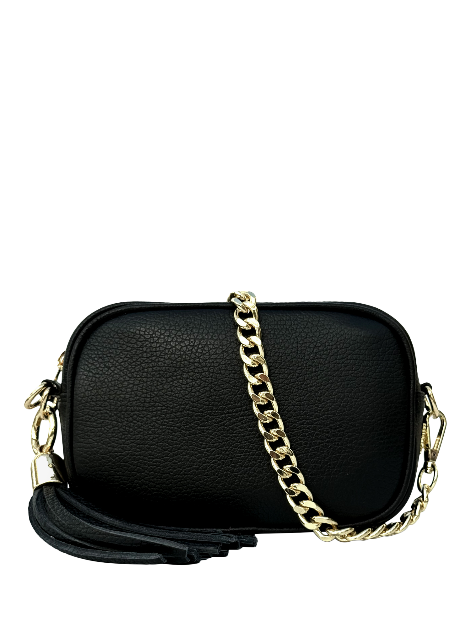 Product image 1 of 7, which shows Apatchy London Leather Mini Tassel Cross Body Phone Bag, Black