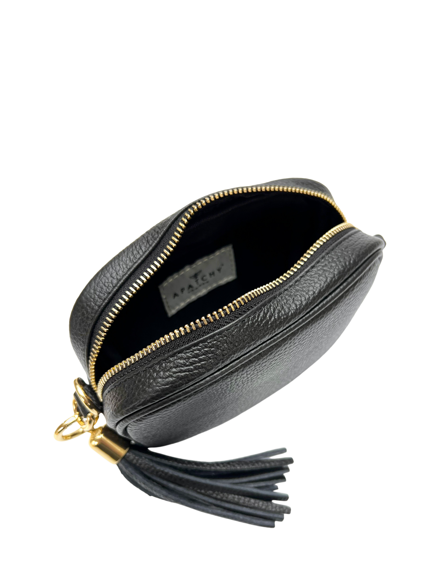 Product image 4 of 7, which shows Apatchy London Leather Mini Tassel Cross Body Phone Bag, Black