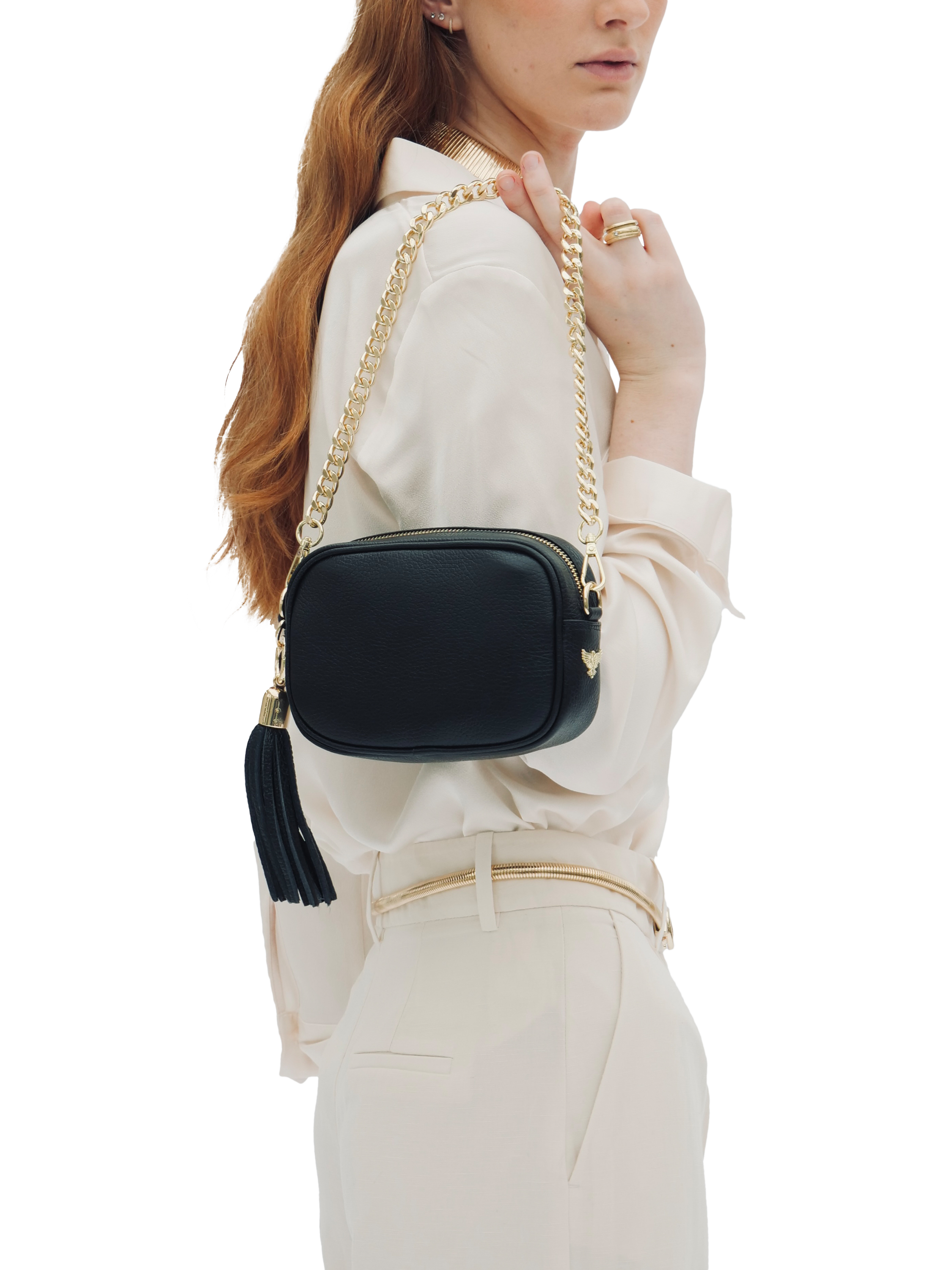 Product image 6 of 7, which shows Apatchy London Leather Mini Tassel Cross Body Phone Bag, Black