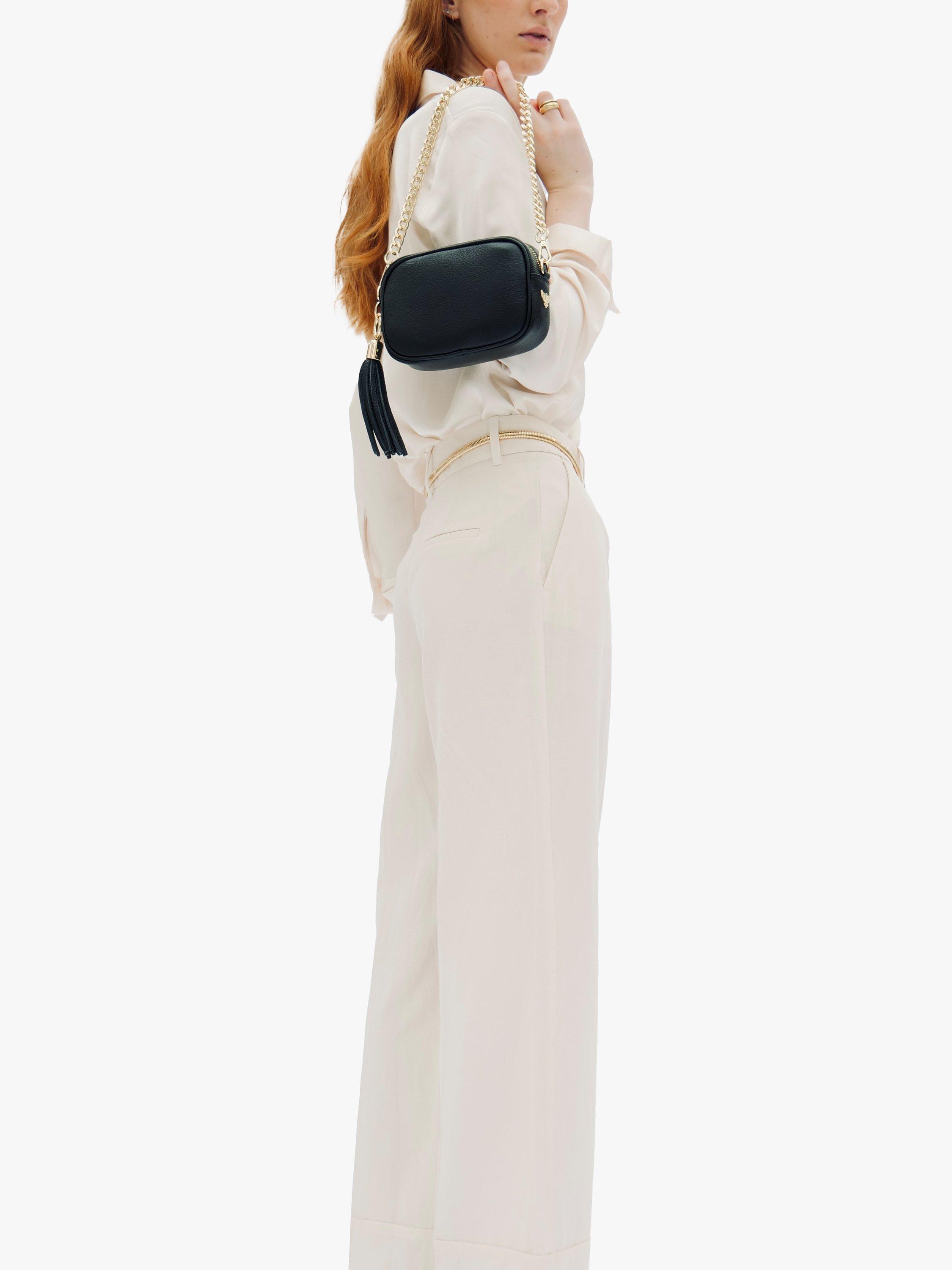 Product image 7 of 7, which shows Apatchy London Leather Mini Tassel Cross Body Phone Bag, Black