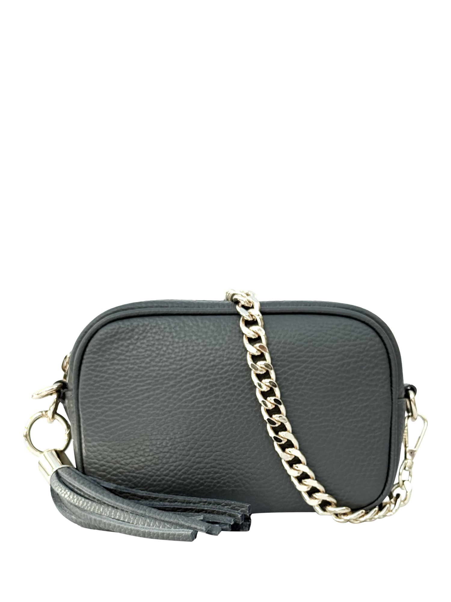 Product image 1 of 5, which shows Apatchy London The Mini Tassel Leather Shoulder Bag, Dark Grey