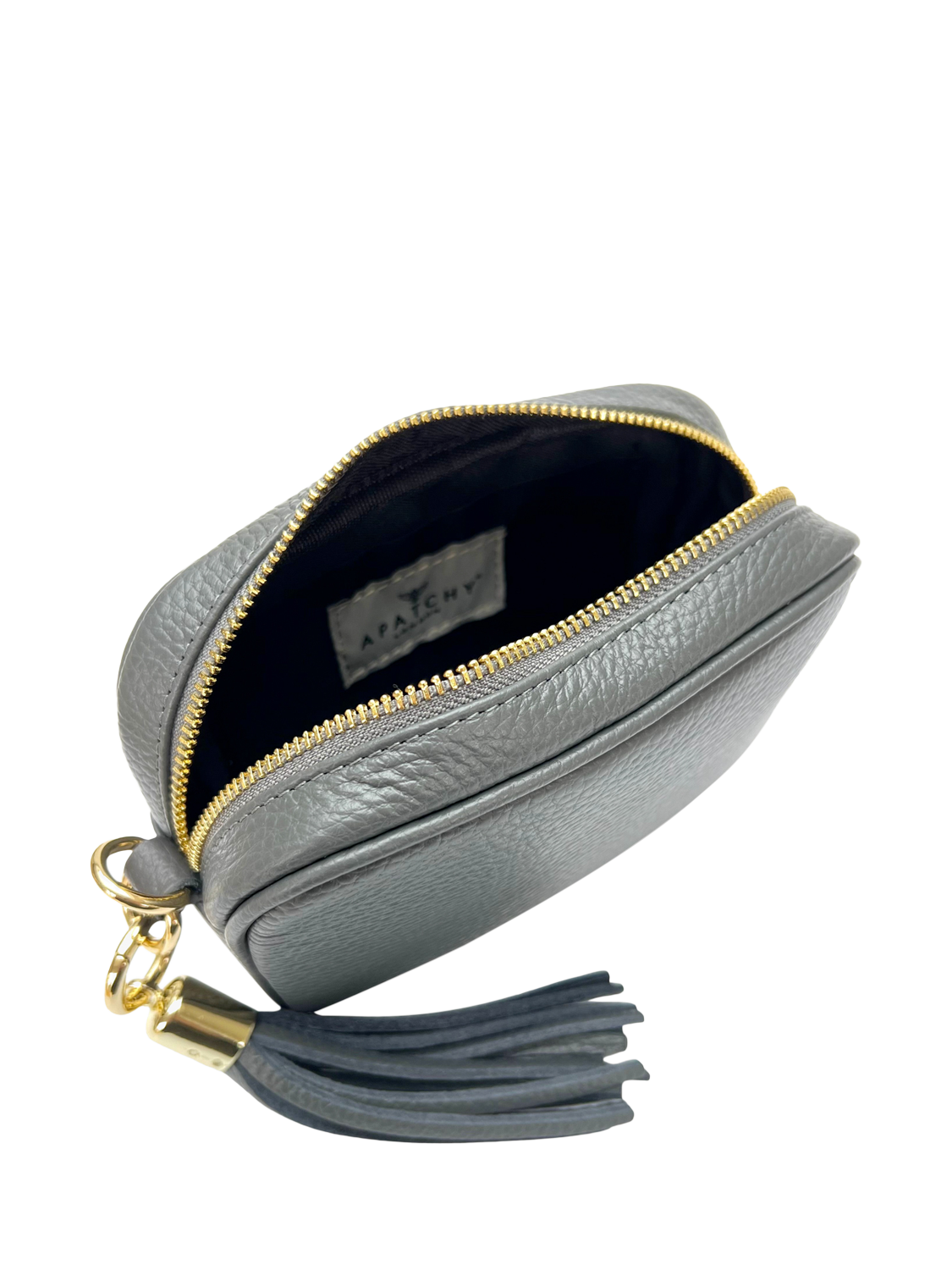 Product image 3 of 5, which shows Apatchy London The Mini Tassel Leather Shoulder Bag, Dark Grey