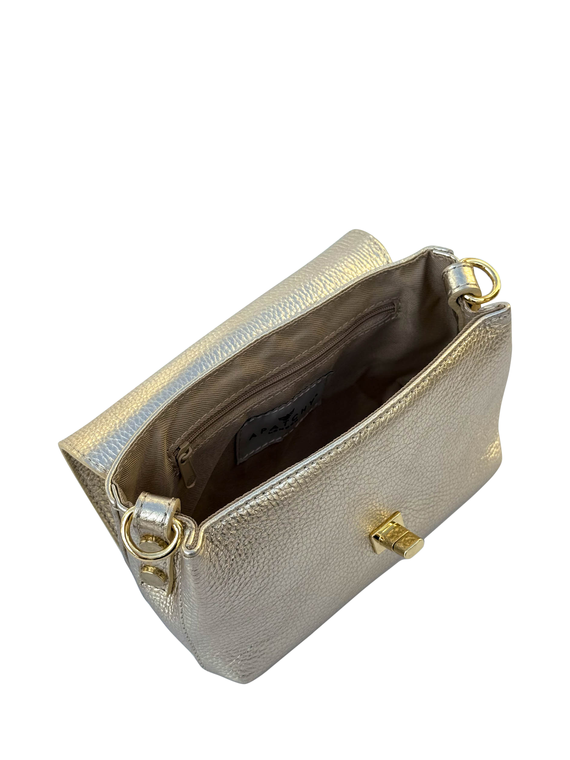 Product image 3 of 8, which shows Apatchy London The Maisie Leather Crossbody Bag, Gold