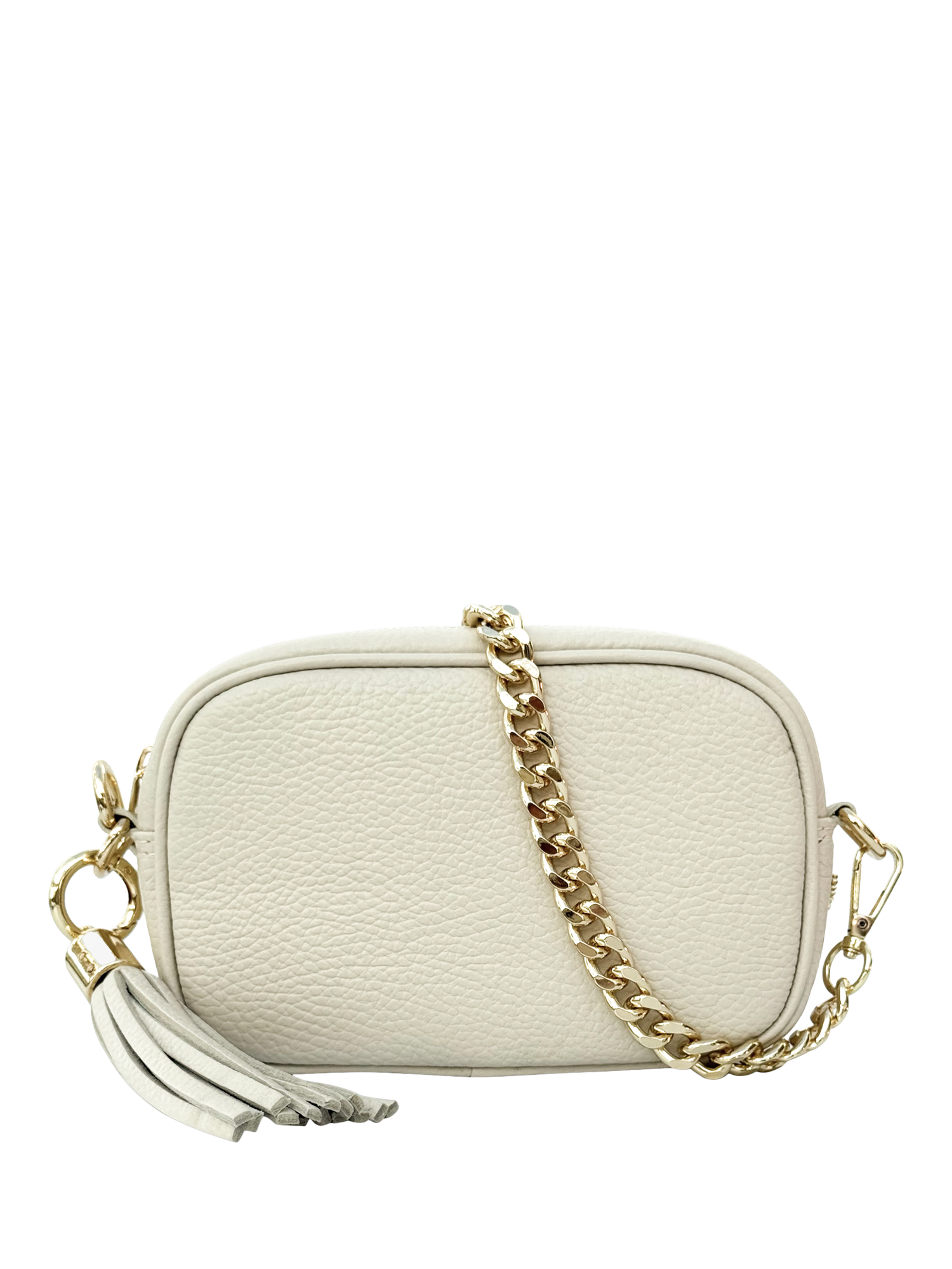 Product image 1 of 6, which shows Apatchy London The Mini Tassel Leather Shoulder Bag, Stone