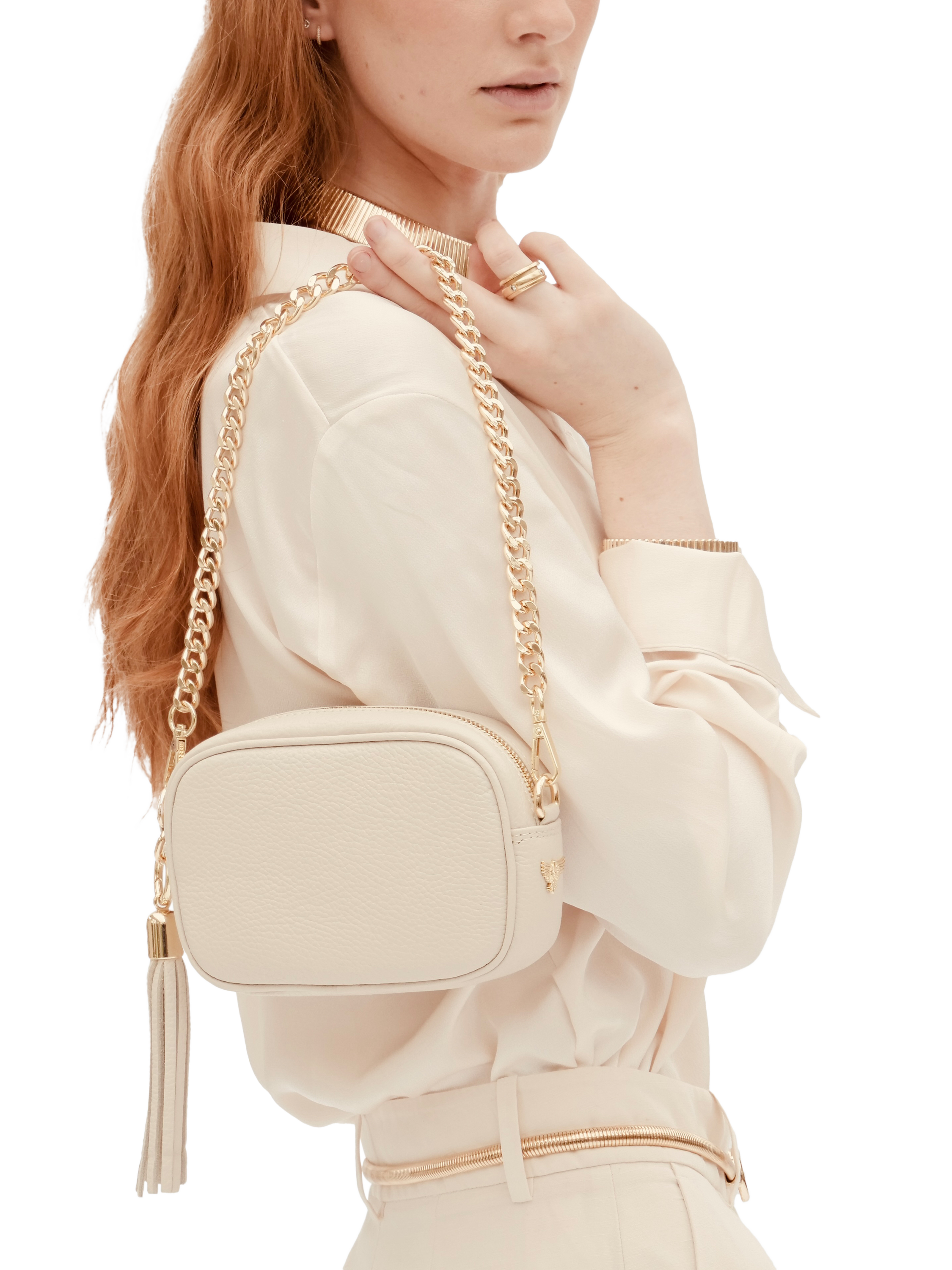 Product image 6 of 6, which shows Apatchy London The Mini Tassel Leather Shoulder Bag, Stone