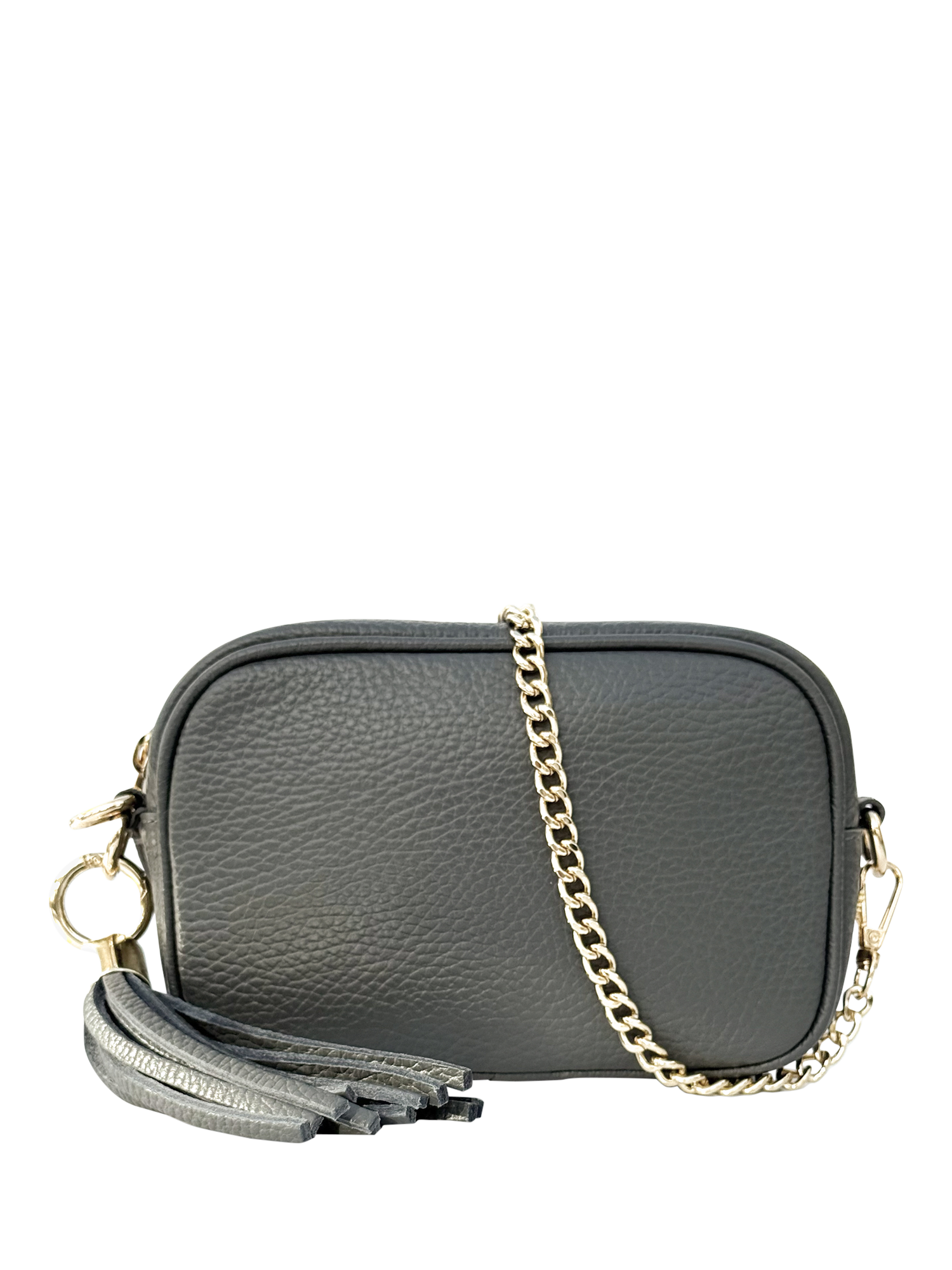 Product image 1 of 5, which shows Apatchy London The Mini Tassel Leather Crossbody Bag, Dark Grey